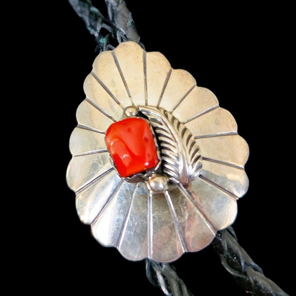 Vintage Sterling Silver Navajo E. Spencer Red Coral & Black Leather Bolo Tie - Picture 8 of 9
